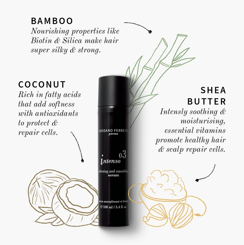 Animazione che mostra il siero per capelli Rossano Ferretti e le sue caratteristiche illustrate che compaiono una dopo l'altra