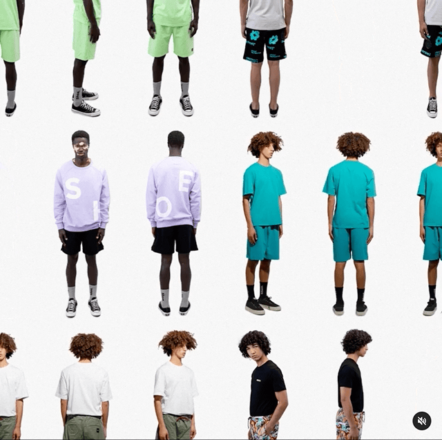 Modelli messi in fila e fotografati da varie prospettive compaiono e scompaiono come accesi e spenti da una lampadina